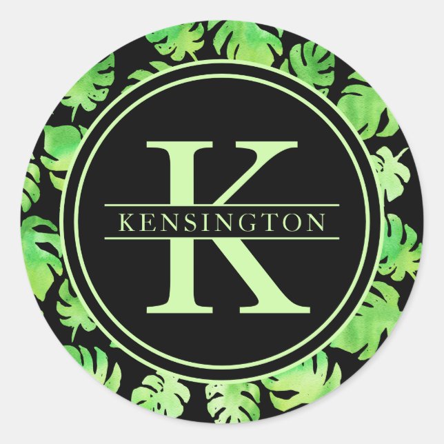 Sticker Rond Aquarelle verte tropicale Feuilles Nom du monogram (Devant)