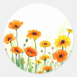 Sticker Rond Aquarelle Vibrante Meadow avec des pavots Fleurs d