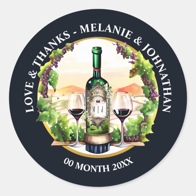 Sticker Rond Aquarelle vin bouteille verre vigne vigne pays (Devant)