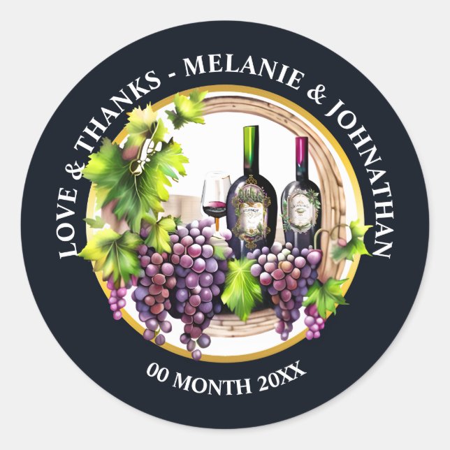 Sticker Rond Aquarelle vin raisins bouteilles verre rond vineri (Devant)