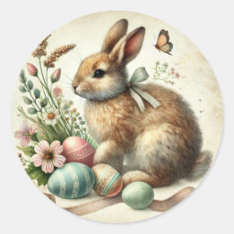 Sticker Rond Aquarelle vintage lapin lapin de Pâques