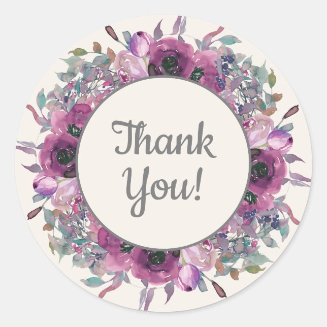 Sticker Rond Aquarelle violet Merci de script Floral (Devant)