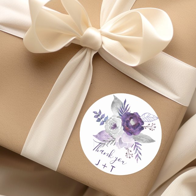 Sticker Rond Aquarelle violette et argentée Mariage floral (Purple and Silver Watercolor Floral Wedding Classic Round Sticker)