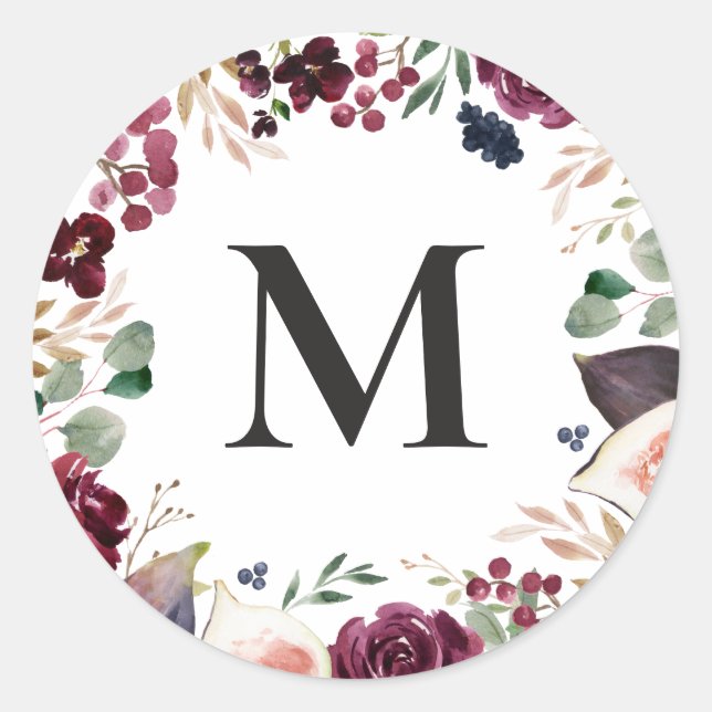 Sticker Rond Aquarelle violette et rose initiale florale (Devant)