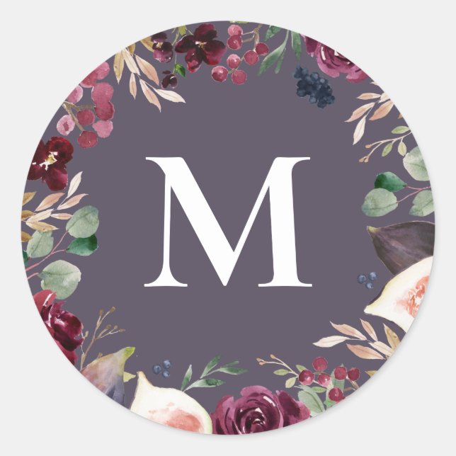 Sticker Rond Aquarelle violette et rose initiale florale (Devant)