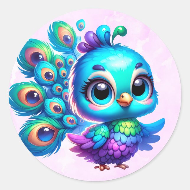 Sticker Rond Aquarelle violette mignonne Peacock Girl Baby show (Devant)