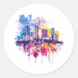 Sticker Rond Aquarelle vive Cityscape Skyline Reflection