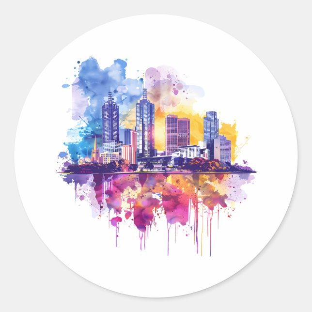 Sticker Rond Aquarelle vive Cityscape Skyline Reflection (Devant)
