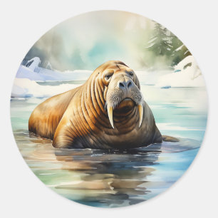 Sticker Rond Aquarelle Walrus Arctic
