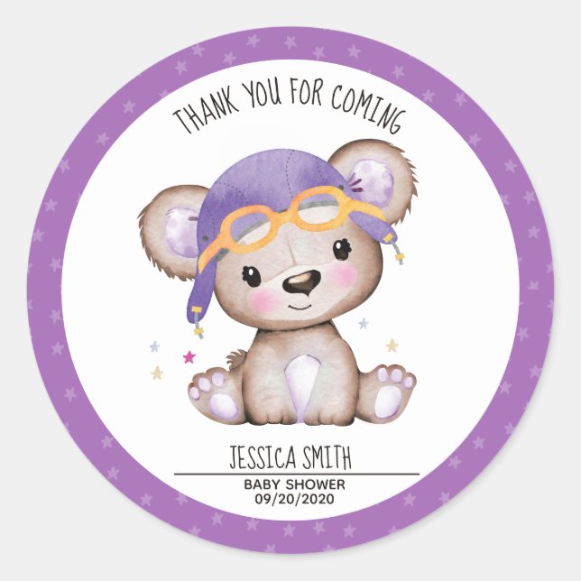 Sticker Rond Aquarelle Whimsical Girl Pilot Teddy Bear (Devant)