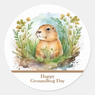 Sticker Rond Aquarelle Whimsical Joyeux Jour de la marmotte