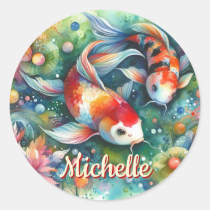 Sticker Rond Aquarelle Whimsical Koi Fish Personnalisée