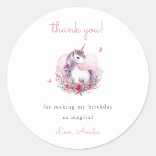 Sticker Rond Aquarelle Whimsical Unicorn Merci rose