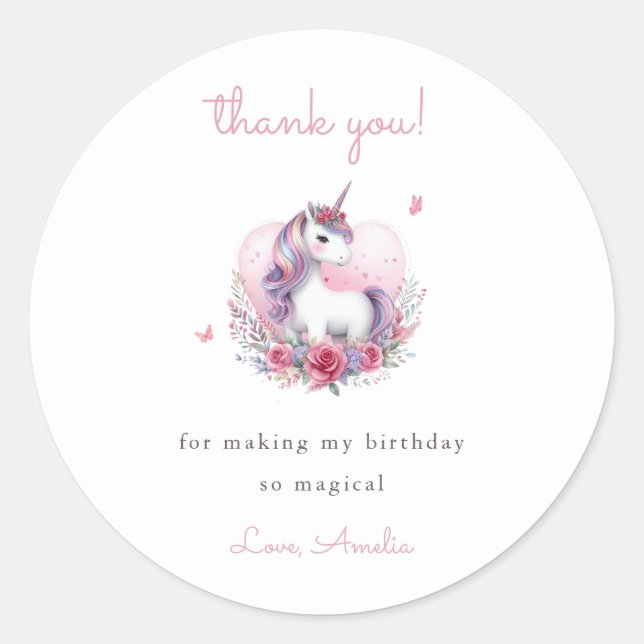 Sticker Rond Aquarelle Whimsical Unicorn Merci rose (Devant)