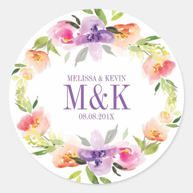 Sticker Rond Aquarelles Fleurs Pastel Wreath (Devant)