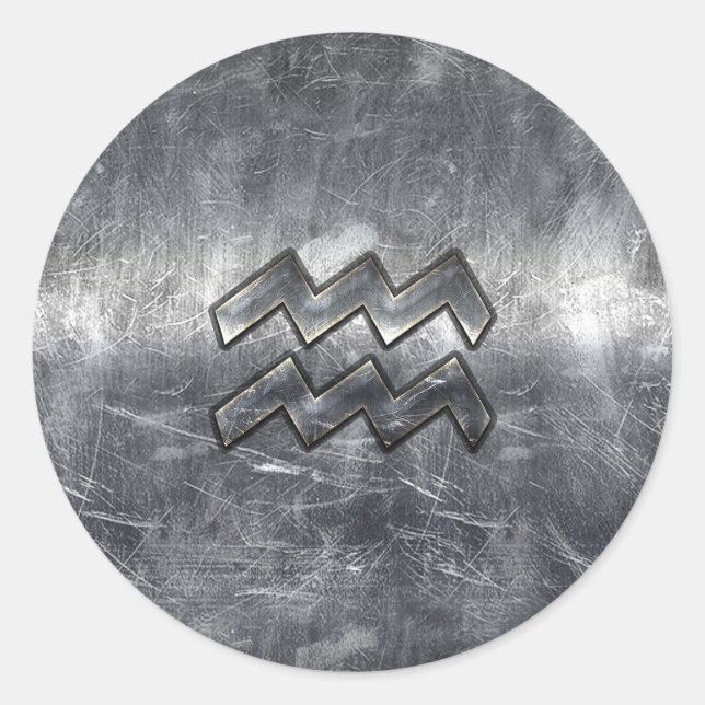 Sticker Rond Aquarius Zodiac style acier argenté déprimé (Devant)
