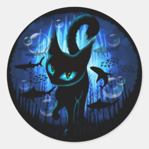Sticker Rond Aquaticat - Chat surréaliste en Imaginaire profond