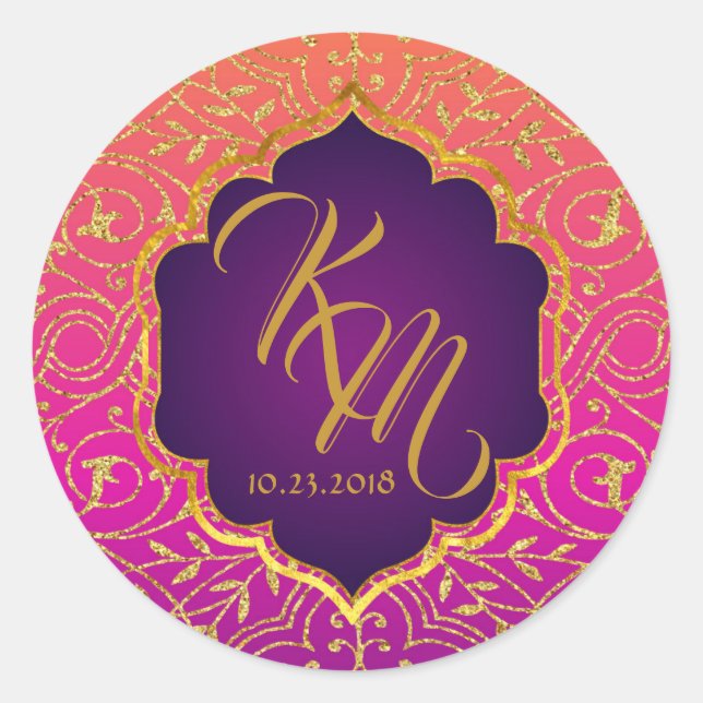 Sticker Rond Arabian Nights Bollywood Monogram Mariage Étiquett (Devant)