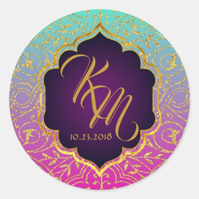 Sticker Rond Arabian Nights Bollywood Monogram Mariage Étiquett (Devant)