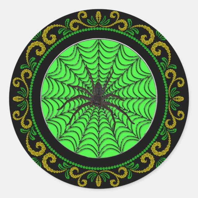 Sticker Rond Araignée verte Jaune Web et Araignée noire Hallowe (Devant)