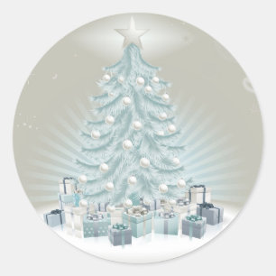 Sticker Rond Arbre, boules et cadeaux bleus argentés de Noël