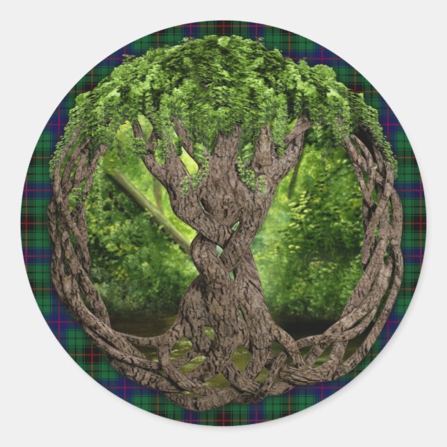 Sticker Rond Arbre Celtique De Vie Et Clan Davidson Tartan (Devant)