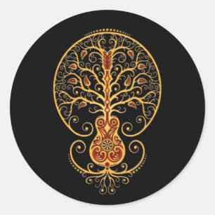 Sticker Rond Arbre de guitare de la vie rouge d'or sur le noir