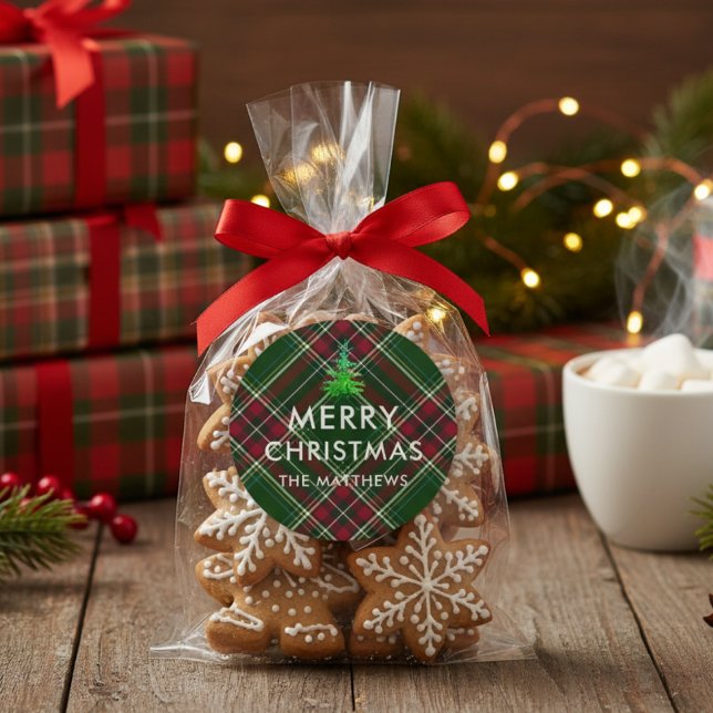 Sticker Rond Arbre de Noël à carreaux moderne personnalisé avec (Créateur téléchargé)