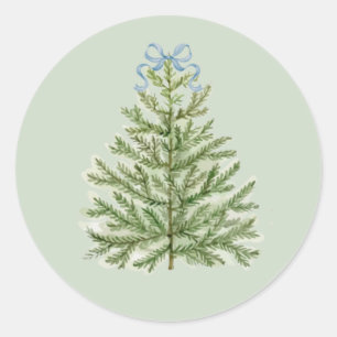 Sticker Rond Arbre de Noël aquarelle avec Bow bleu