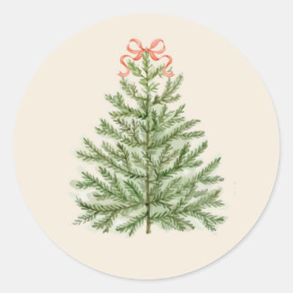 Sticker Rond Arbre de Noël aquarelle avec Bow rouge