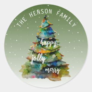 Sticker Rond Arbre de Noël Aquarelle Joyeux Jolly Happy