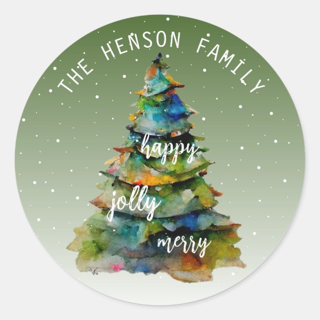 Sticker Rond Arbre de Noël Aquarelle Joyeux Jolly Happy (Devant)