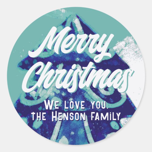 Sticker Rond Arbre de Noël Arbre Artistique Bleu Joyeux Script (Devant)