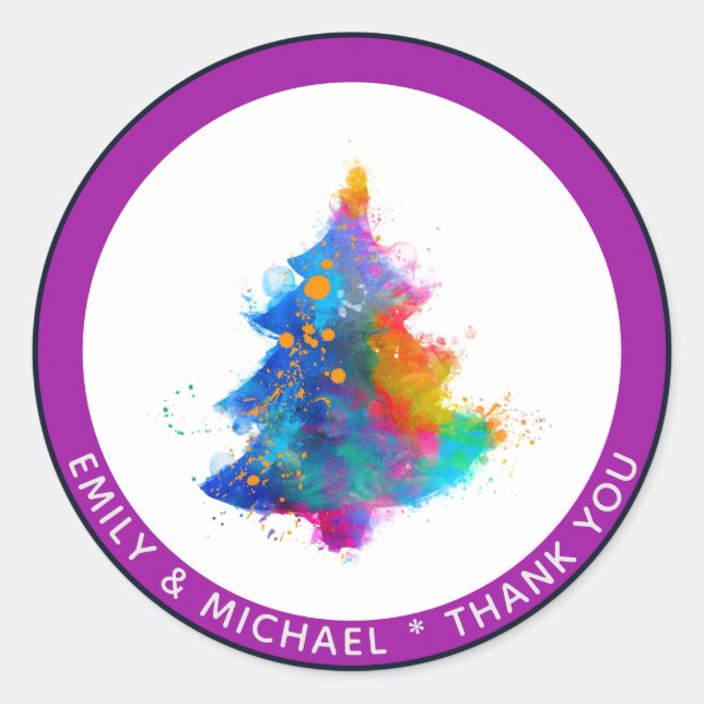 Sticker Rond Arbre de Noël Arc-en-ciel Moderne Personnalisé (Devant)