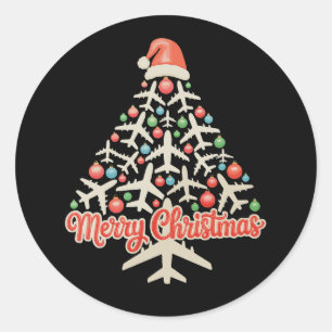 Sticker Rond Arbre de Noël Avion Pilote Xmas Vacances Famille