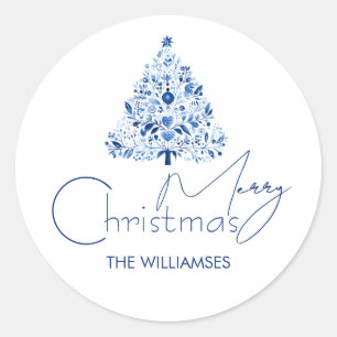Sticker Rond Arbre de Noël blanc et bleu minimaliste