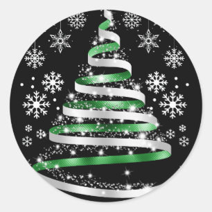 Sticker Rond Arbre de Noël blanc Flambeau de neige vert argenté
