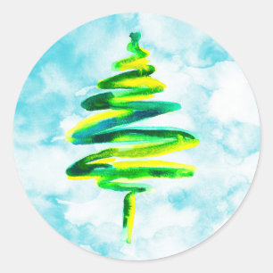 Sticker Rond Arbre de Noël bleu aquarelle Classic Round