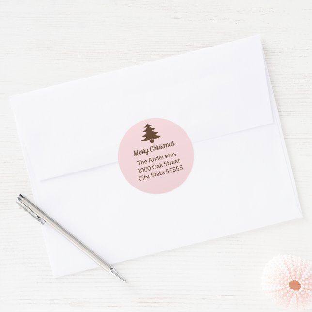 Sticker Rond Arbre de Noël Brown et rose pâle Adresse de retour (Enveloppe)