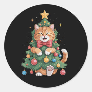 Sticker Rond Arbre de Noël Chat Orange Gingembre Noël Mignon