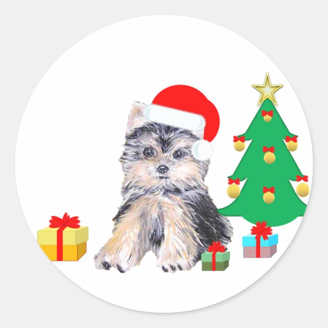 Sticker Rond Arbre de Noël, Chien chiot du Yorkshire & cadeaux (Devant)
