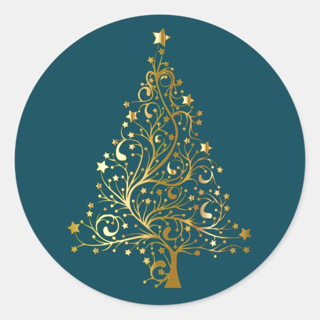 Sticker Rond Arbre de Noël doré sur Turquoise foncé (Devant)