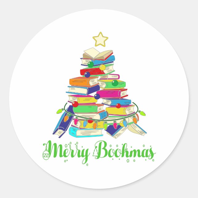 Sticker Rond Arbre de Noël du livre, Noël de l'amant du livre (Devant)