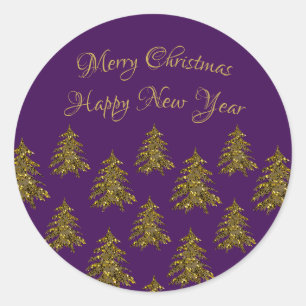 Sticker Rond Arbre de Noël en or brillant à Noël violet