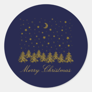 Sticker Rond Arbre de Noël en or brillant, lune, étoiles sur bl