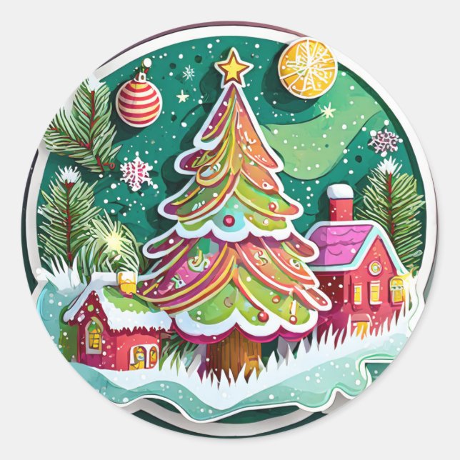 Sticker Rond Arbre de Noël et cabanes (Devant)