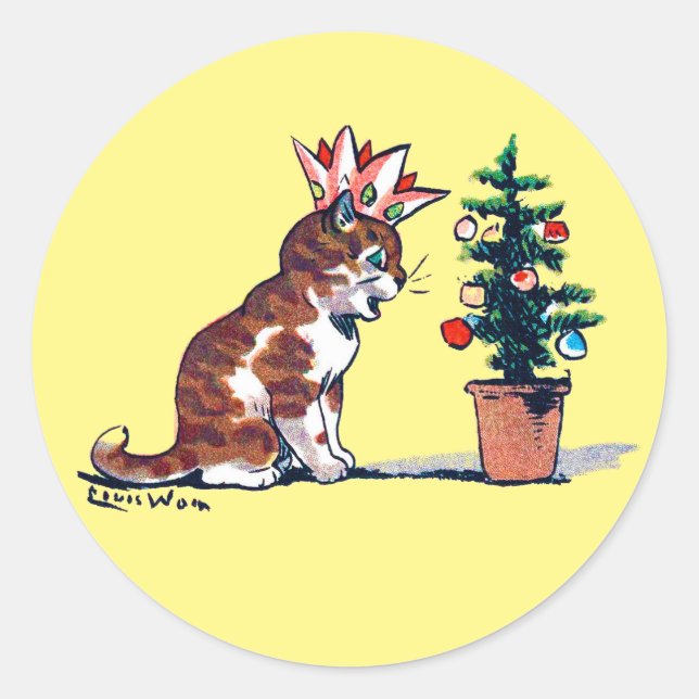 Sticker Rond Arbre de Noël et chaton, Louis Wain (Devant)
