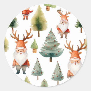 Sticker Rond Arbre de Noël et Père Noël en aquarelles