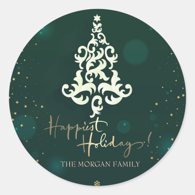 Sticker Rond Arbre de Noël, Étoiles, Vacances Vertes Les Plus H (Devant)