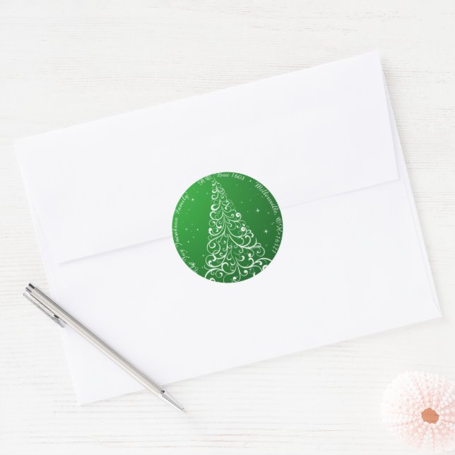 Sticker Rond Arbre de Noël fleuri Green Adresse de retour (Enveloppe)